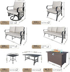 12 Pieces Outdoor Patio Conversation Sets with All Weather Cushions, Metal 3-Seater, 4 Swivel Rockers, 2 Single Chairs, 1 Loveseat, 2 Side Tables, 1 Coffee Table, 1 Fire Pit Table for Backyard, Beige