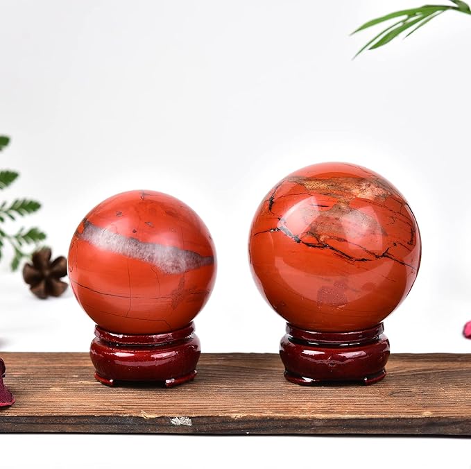 JIC Gem Red Healing Crystal Ball with Decoation Stand Red Jasper Gemstone Sphere Ball for Fengshui 、Meditation Energy Reiki Ball (100-110mm), 4-4.5inch