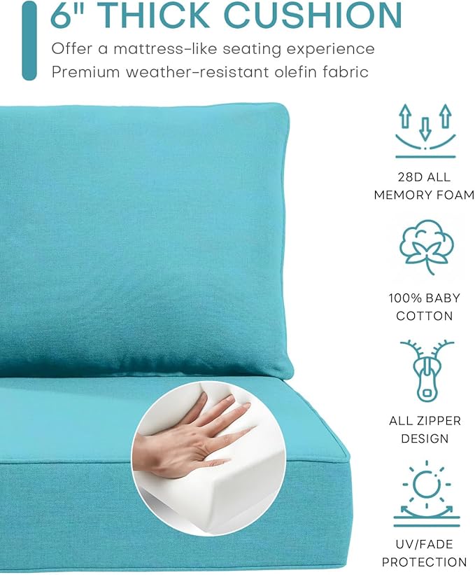 Luxury 22x24/22x25 6-Inch Outdoor Chair Cushions Set of 4 - Heavy Duty Water-Resistant Comfortable Cushion for Patio Furniture Dining Rocking Chairs Loveseat L-Shape Sofa - Turquoise