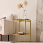 Round Glass End Table, Mid-Century Modern Design Sofa Table for Living Room, D18 x H23, 2-Tier Structure, Clear Glass Top and Walnut Shelf, Sleek Conical Legs with Gold Finish Frame