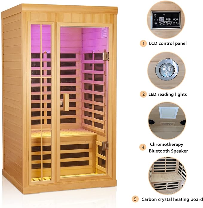 1-2 Person Infrared Sauna, Hemlock Wood Low EMF Far Infrared Saunas for Home, 1350watt Indoor Personal Sauna Room Box with APP Control, Glass Door, Blue-Tooth, LCD, LED Reading Light