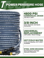 3/8" 4800PSI Pressure Washer Hose 150FT with Swivel Quick Connect for Cold/Hot Water Max 248°F, Kink Resistant Steel Wire Braided, Wear Resistant Power Washer Hose with M22 14mm Adapter