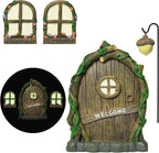 Resin Fairy Door and Window with Lantern for Trees,Glow in The Dark,Miniature Fairy Garden Accessories,Garden Outdoor Decorations for Trees,Gnomes House,Elf House