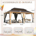 YOLENY 12'x20' Hardtop Gazebo, Wood Grain Aluminum Frame Pergola with Galvanized Steel Roof, Outdoor Metal Gazebos with Curtains and Nettings for Patio, Backyard, Deck and Lawns