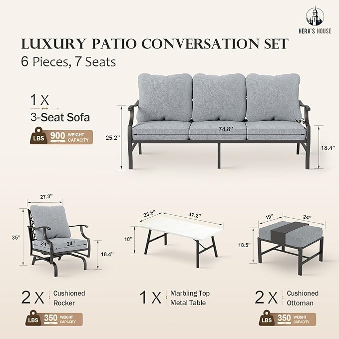 HERA'S HOUSE 6 Piece Patio Furniture Set, 2 x Rocking Cushioned Chair, 2 x Cushioned Ottoman, 1 x 3-Seat Sofa with Marbling Coffee Table, Outdoor Conversation Set for Lawn Garden Backyard, Grey