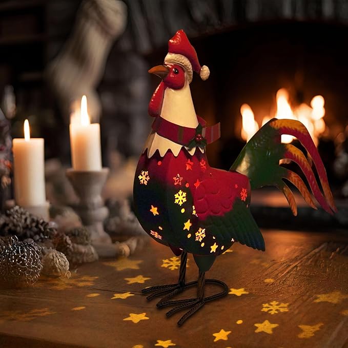 LIFFY Christmas Rooster Yard Decor,18" Metal Chicken Outdoor Decor with Solar Light,Garden Rooster Statues for Outside,Patio Decorative Ornaments for Home Backyard Landscape