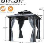 GARTOO 8.5x8.5FT Outdoor Hardtop Gazebo - Aluminum Heavy-Duty Steel Top Gazebo with Breathable Netting & Privacy Curtain, Double Roof Gazebos for Patio, Porch, Garden, Lawn, Deck, Backyard