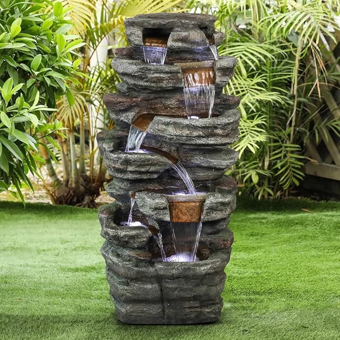 48''H 7-Tier Outdoor Garden Water Fountain Decor, Outdoor Resin Fountain with LED Light for Garden, Floor Patio, Deck, Porch, Backyard and Home Art Decor (48inch)