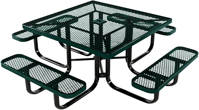 COATEDOUTDOORFURNITURE Heavy-Duty Portable Outdoor Kids Table with Umbrella Hole, Expanded Metal Kids Picnic Table, Commercial-Grade, Made in America (46 in, Square, Childrens, Textured Dark Green)