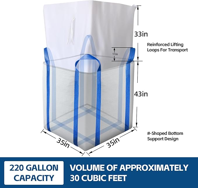 5 Packs FIBC Bulk Bags,Holds up to 4400 lbs Construction Bags Heavy Duty,210-Gallon Woven Polypropylene Dumpster Bag for Industry Agriculture and Construction,Sealable Top