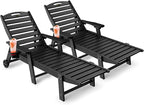 Lounge Chair Outdoor Set of 2, HDPE Chaise Lounge Outdoor with 6-Position & Wheels &Cup Holder, Pool Lounge Chair for Pool Poolside Deck Backyard Patio, Black