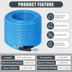 150 FT Sewer Jetter Kit for Pressure Washer, 5800PSI Water Jet Drain Cleaner Hose, 1/4 Inch NPT Corner with 4 Sewer Jetting Nozzles, Pearl Corsage Pin, Waterproof Tape, Handle Strap&2 Spanner (Blue)