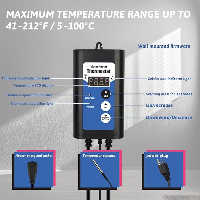 3000W 240V Titanium Immersion Water Heater Portable Electric inflatable pool & Hot Tub Submersible Water Heater with Temp Control, GFCI for above ground pool, Baptistry, baptism pool & spa