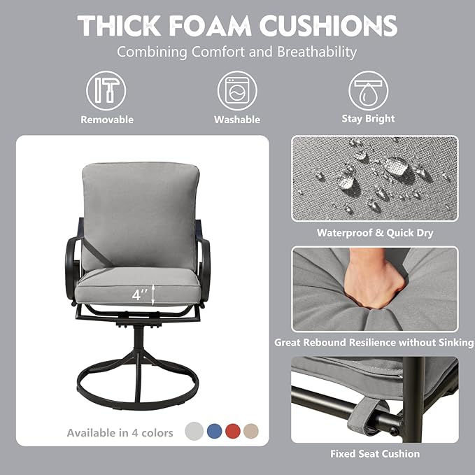 MELLCOM Patio Swivel Chair Set of 2, Heavy Duty Outdoor Dining Chairs with Thickened Cushions, Metal Patio Chairs Gentle Rocker for Outside, Garden Lawn & Porch, Backyard, Grey