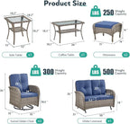 7 Piece Patio Furniture Set - Wicker Patio Conversation Set with Swivel Glider, Glider Loveseat, Tempered Glass Side Table and 2 Ottomans for Deck Backyard - Grey Wicker Blue Cushion