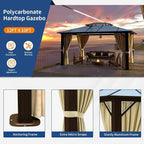 Hardtop Gazebo, 10FTx12FT Polycarbonate Double Top Canopy, Aluminum Frame Permanent Pavilion with Curtains and Netting, for Lawns, Patios, Gardens