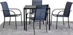 5 Pieces Round Dining Table Set for 4, Patio Dining Set Includes 4 Dark Blue Stackable Patio Chairs and 1 Black Square Table, Patio Furniture Sets with Sling Support for Outside, Garden