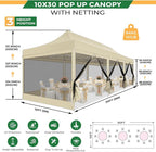 COBIZI 10x30 Heavy Duty Pop Up Canopy Tent with 8 Sidewalls, Commercial Gazebo Party Tent with Mosquito Netting Wall Easy Set Up Outdoor Instant Screen Tent for Backyard, Patio, Garden, Khaki