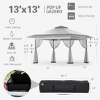 Bezseller 13x13 Pop Up Gazebo Tent with Mosquito Netting – Quick Set Up, Water-Resistant Outdoor Canopy for Patio, Garden, Backyard, and More,Light Grey