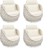 Patio Accent Chairs Set of 4: Aluminum Porch Lounge Chair with Arms - Woven Rope Cushioned Armchair - Modern One Seater Sofa - Outdoor Deck Furniture for 400lbs Balcony Yard Garden Hotel, Beige