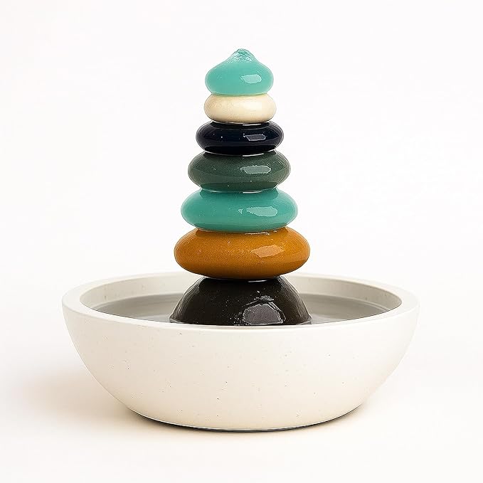 Natural Septuple Rock Cairn Water Fountain with Glass - Indoor Tabletop Water Fountain - Natural Stone & Recycled Glass Water Feature for Home and Office Decor
