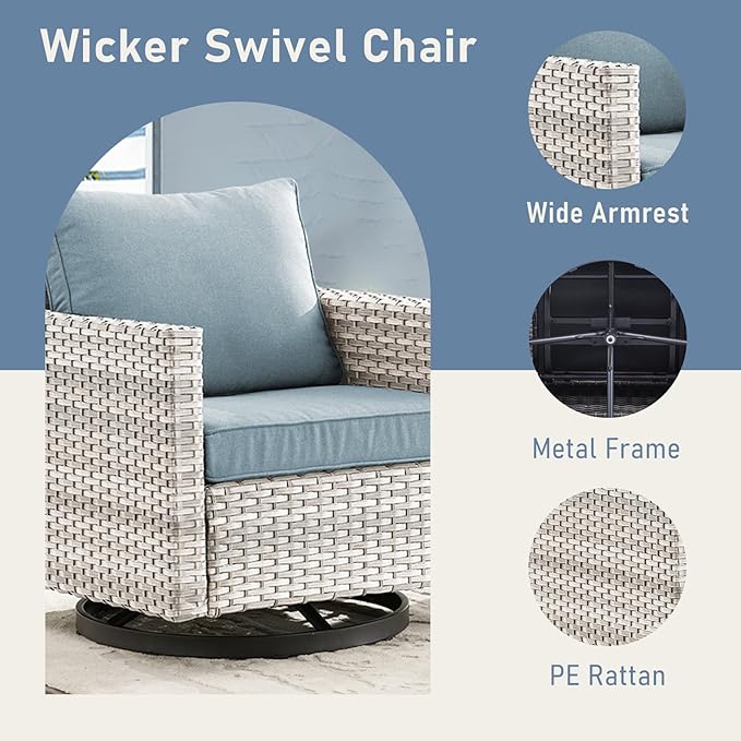 Luxury Outdoor Swivel Rocker Patio Chairs Set of 2, Swivel Patio Chairs for Porch, Yard, Deck, Poolside, Light Grey/Light Blue