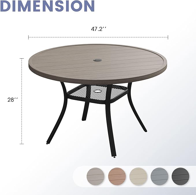 VICLLAX Outdoor Patio Round Dining Table, 47"x 47" Metal Slatted Round Tabletop with Adjustable Umbrella Hole for Deck Lawn Garden Backyard, Antique Grey