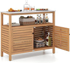 Goplus Patio Storage Cabinet, Outdoor Acacia Wood Buffet Cabinet with Marble-Like Countertop, Open Shelf & 2 Doors, Sideboard Organizer for Outdoor Kitchen, Garden, Backyard
