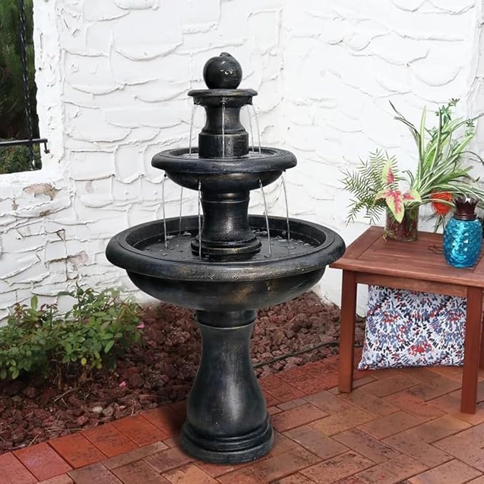 45.2“ High Outdoor Water Fountain, Concrete Outdoor Waterfall Fountain with Pump for Yard Garden Patio Backyard Deck Relaxation Decor - Black