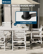 Patio Table and Chairs Set with Umbrella Hole, HDPE Patio Dining Set for 6, Outdoor Dining Set for Lawn, Patio, Porch, Deck, Poolside, Yard (White, 7-Piece)