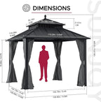 SUNJOY Kingston 10' x 10' Hardtop Gazebo with Galvanized Steel Double Roof, Curtain and Netting, Gray Aluminum Posts Permanent Pavilion Gazebo for Garden, Patio, Deck, Lawn