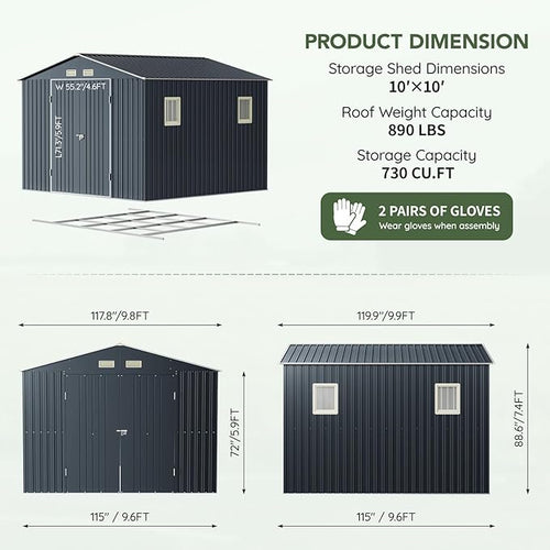 10x10 FT Outdoor Metal Storage Shed with Floor Frame, Double Swing Doors, 2 Clear Windows,Tool Shed for Garden, Patio, Backyard Nightblue