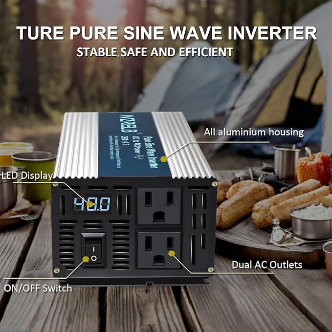 WZRELB 600W Pure Sine Wave Inverter 48V DC to 110V 120V AC Power Converter with LED Display, Off-Grid Portable Power Inverter with 2 AC Outlets for Home, RV, Truck, Camping