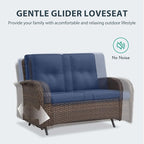 Outdoor Swivel Glider Rocker Chairs Set- 6 Piece Patio Furniture Set with A Glider Loveseat, Tempered Glass Side Table and 2 Ottoman, for Balcony, Porch - Brown Wicker, Blue Cushion