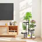 LASZOLA 6 Tier Black Plant Stand Indoor for Large Tall Heavy Duty Planter, Modern Mid Century Metal and Wooden Rack for Narrow House Bathroom Corner Floor, Vertical Spiral Orchid Organizer, Cat Proof