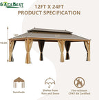 12' X 24' Hardtop Gazebo, Aluminum Wood-Looking Frame Outdoor Permanent Galvanized Steel Double Roof Pavilion Pergola Canopy with Privacy Curtains for Garden, Patio, Backyard, Deck and Lawns.