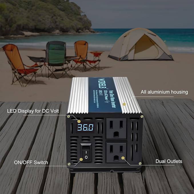 WZRELB 1000W Pure Sine Wave Inverter 36V DC to 110V 120V AC,Car Power Inverter with Dual AC Outlets, LED Display,Off-Grid Portable Power Converter for Home, RV, Truck, Camping