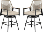 Outdoor Swivel Bar Stools Set of 2, Rattan High Top Patio Chairs with Waterproof Cushion and Armrest, All-Weather Bar Height Furniture for Outside Patio Balcony and Pool, Beige