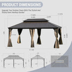 12' x 18' Hardtop Gazebo, Domi Outdoor Aluminum Metal Gazebo with Curtains and Netting, Galvanized Steel Double Canopy for Patios, Deck, Backyard