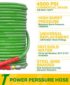 Pressure Washer Hose 125FT 3/8" for Cold and Hot Water 212°F, with Swivel Quick Connect, 4500PSI Kink Resistant Grade Steel Wire Braided, Power Washer Hose With 2pcs M22-14mm Adapter