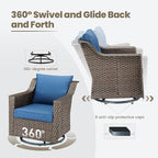 Outdoor Wicker Patio Furniture Set - 5 Piece Outside Rattan Conversation Bistro Dining Chair Sets with Rocking Swivel Chairs, 3-Seat Couch and Ottomans for Porch Yard Balcony – Brown/Blue