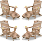 Folding Adirondack Chairs Set of 4,Adirondack Chair with Retractable Ottoman,Plastic Adirondack Chairs with 2 Cup Holder,Weather Resistant Patio Chair,Outdoor Chairs Set of 4(Teak)