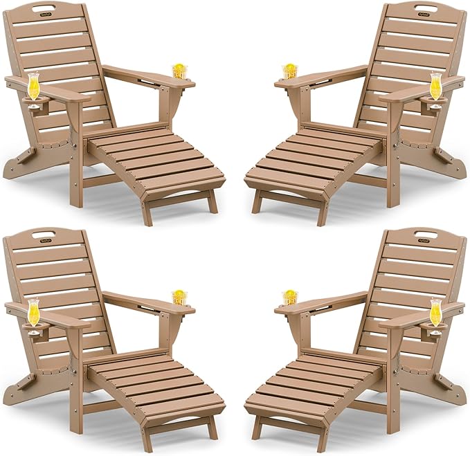 Folding Adirondack Chairs Set of 4,Adirondack Chair with Retractable Ottoman,Plastic Adirondack Chairs with 2 Cup Holder,Weather Resistant Patio Chair,Outdoor Chairs Set of 4(Teak)