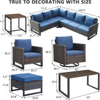 HUMMUH 10 Piece Patio Furniture Set PE Wicker 3 Outdoor Sectional Sofa Set with Patio Chairs Dinning Table Ottomans for Porch,Garden,Backyard,Deck(Brown/Blue)