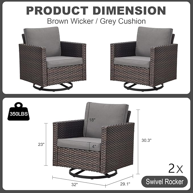 Luxury Outdoor Swivel Rocker Patio Chairs Set of 2, Swivel Patio Chairs for Porch, Yard, Deck, Poolside, Brown/Grey