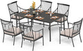 PHI VILLA 7 Piece Outdoor Dining Set for 6, 64" Metal Steel Dining Table with Umbrella Hole & Cushioned Iron Chairs for Patio, Yard, Porch, Deck