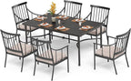 PHI VILLA 7 Piece Outdoor Dining Set for 6, 64" Metal Steel Dining Table with Umbrella Hole & Cushioned Iron Chairs for Patio, Yard, Porch, Deck
