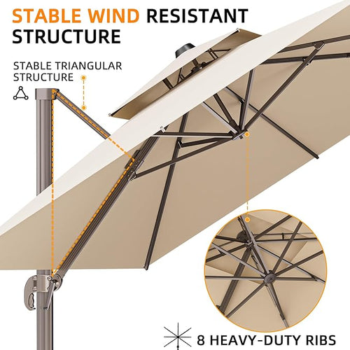 10' X 13' Outdoor Patio Umbrella Large Rectangle Cantilever Umbrella Heavy Duty 360°Rotation Offset Umbrella for Garden Deck Pool Patio,Beige