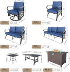 12 Pieces Modern Patio Furniture Set, All Weather Metal Outdoor Conversation Sets with Fire Pit Table for Backyard Garden Deck Porch Poolside, Blue