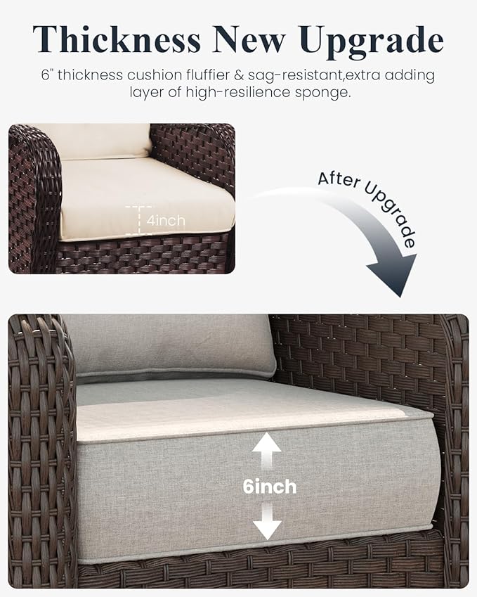 LayinSun 3 Piece Wicker Outdoor Furniture Set with 6-inch Comfy Cushions, High Back Patio Furniture Set with Swivel Rocking Chairs and Side Table